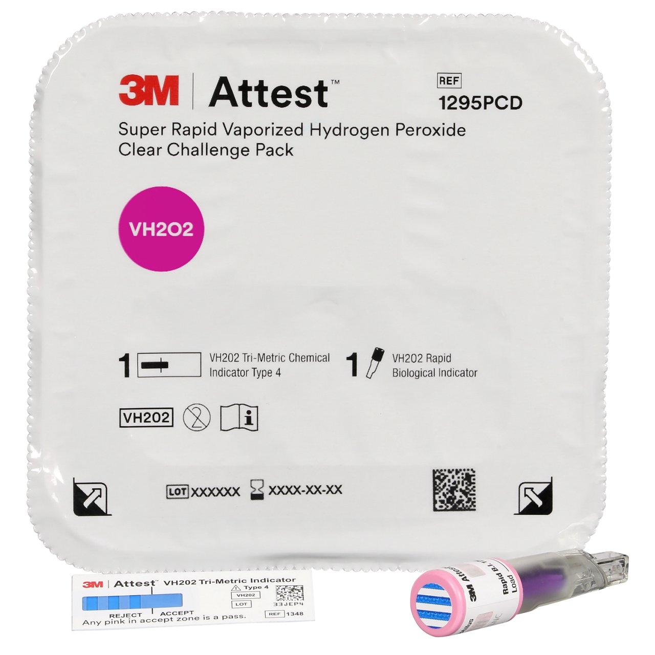 Product image of Attest Super Rapid VH202 Clear Challenge Pack 1295 BI and Tri-Metric Chemical Indicator 1348 in front 1295PDC pack on white.