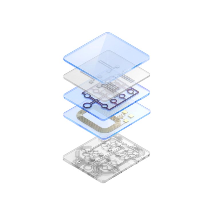 Rendering exploded view of a microfluidic diagnostic device showing the layers with adhesive highlighted with a light blue tint.