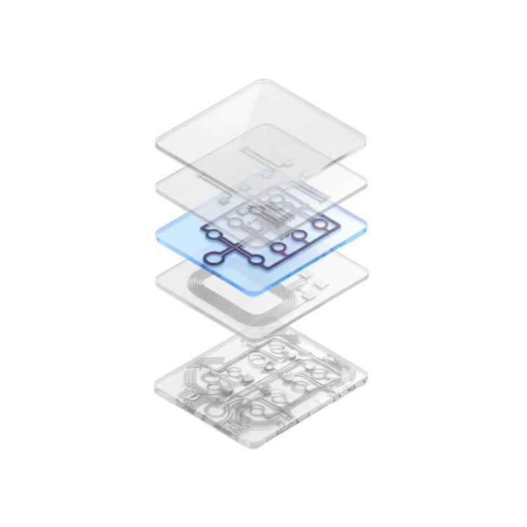 Rendering exploded view of a microfluidic diagnostic device showing the fluidic layer highlighted with a light blue tint.