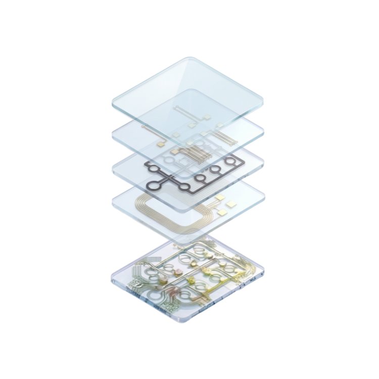 Rendering exploded view of a microfluidic diagnostic device showing all the component layers it has.