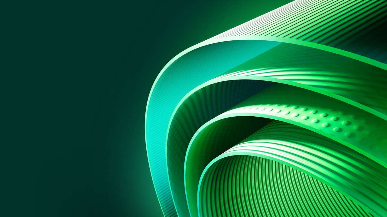 An abstract representation showing four layers of a curved green pattern on the right side of the frame.