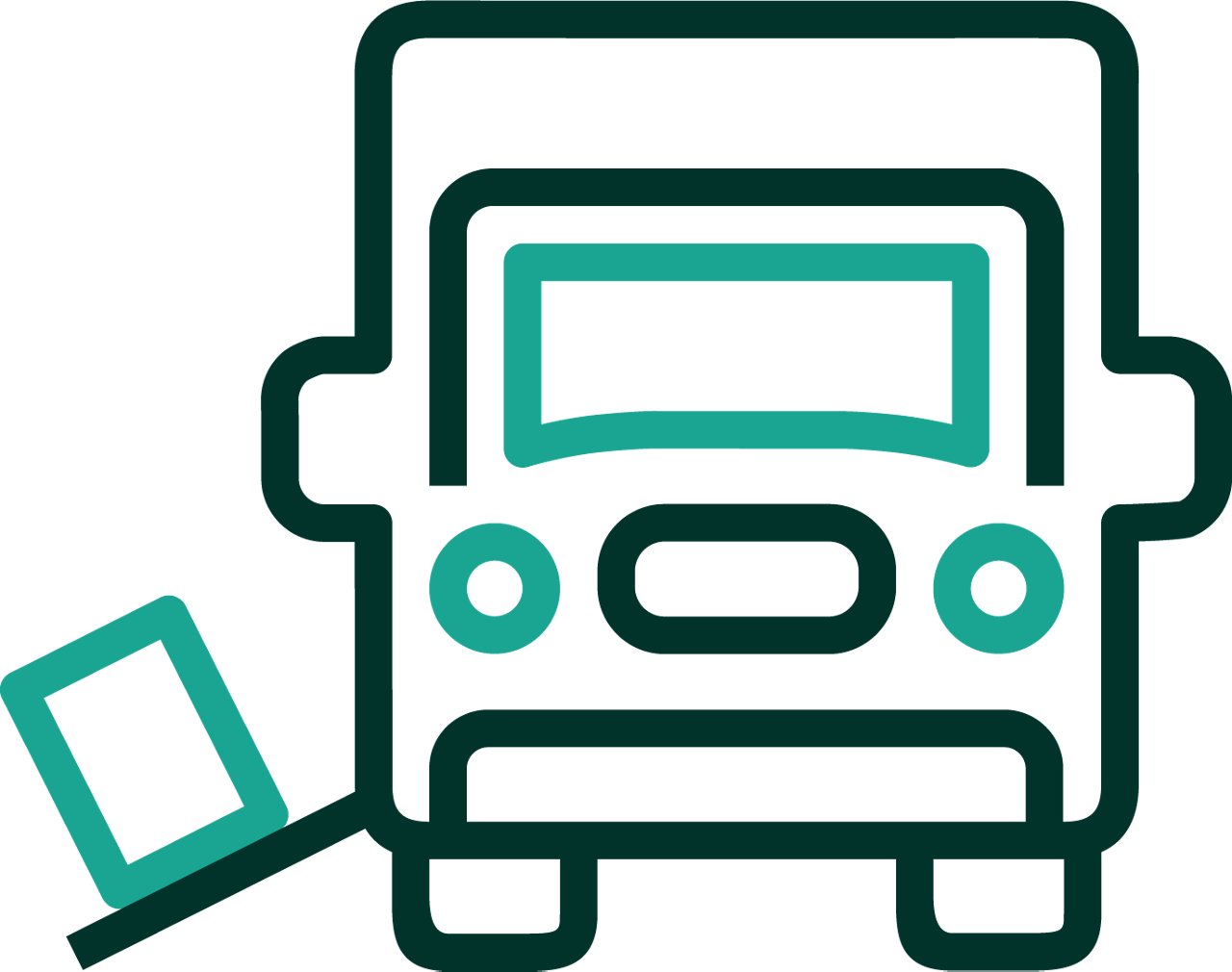 An iconographic representation of a delivery truck in a front view perspective with a ramp extending from the left side of the truck and a box on top of the ramp. Dark green and teal positive color palette.