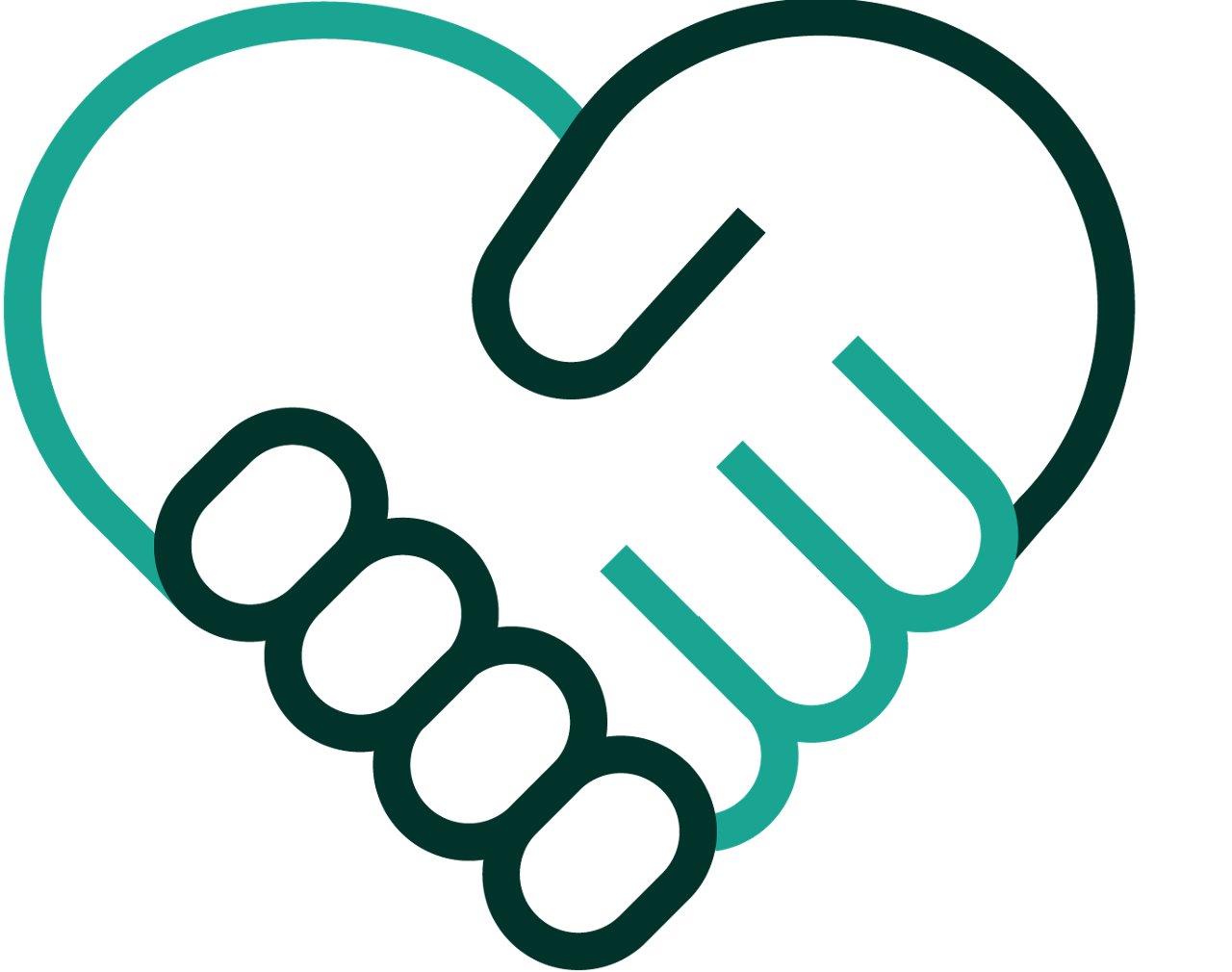 An iconographic representation of hands shaking forming a heart. Dark green and teal positive color palette.