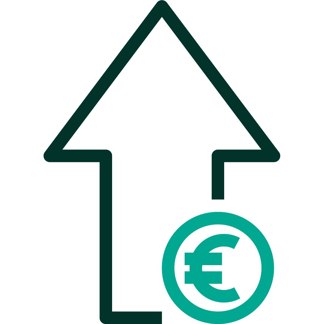 Een iconografische weergave van een pijl die naar boven wijst met een euroteken in een cirkel rechtsonder om stijgende kosten te vertegenwoordigen. Donkergroen en middelmatig teal positieve kleurenpalet.