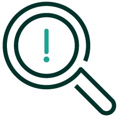 An iconographic representation of a magnifying glass with an exclamation point in the center.. Dark green and teal positive color palette.