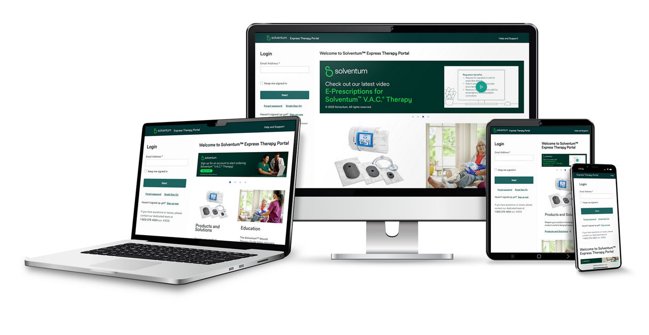 Rendered image of a laptop, computer monitor, tablet, and cell phone with Solventum Express Therapy Portal website on the screens.