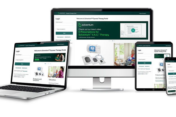 Rendered image of a laptop, computer monitor, tablet, and cell phone with Solventum Express Therapy Portal website on the screens.