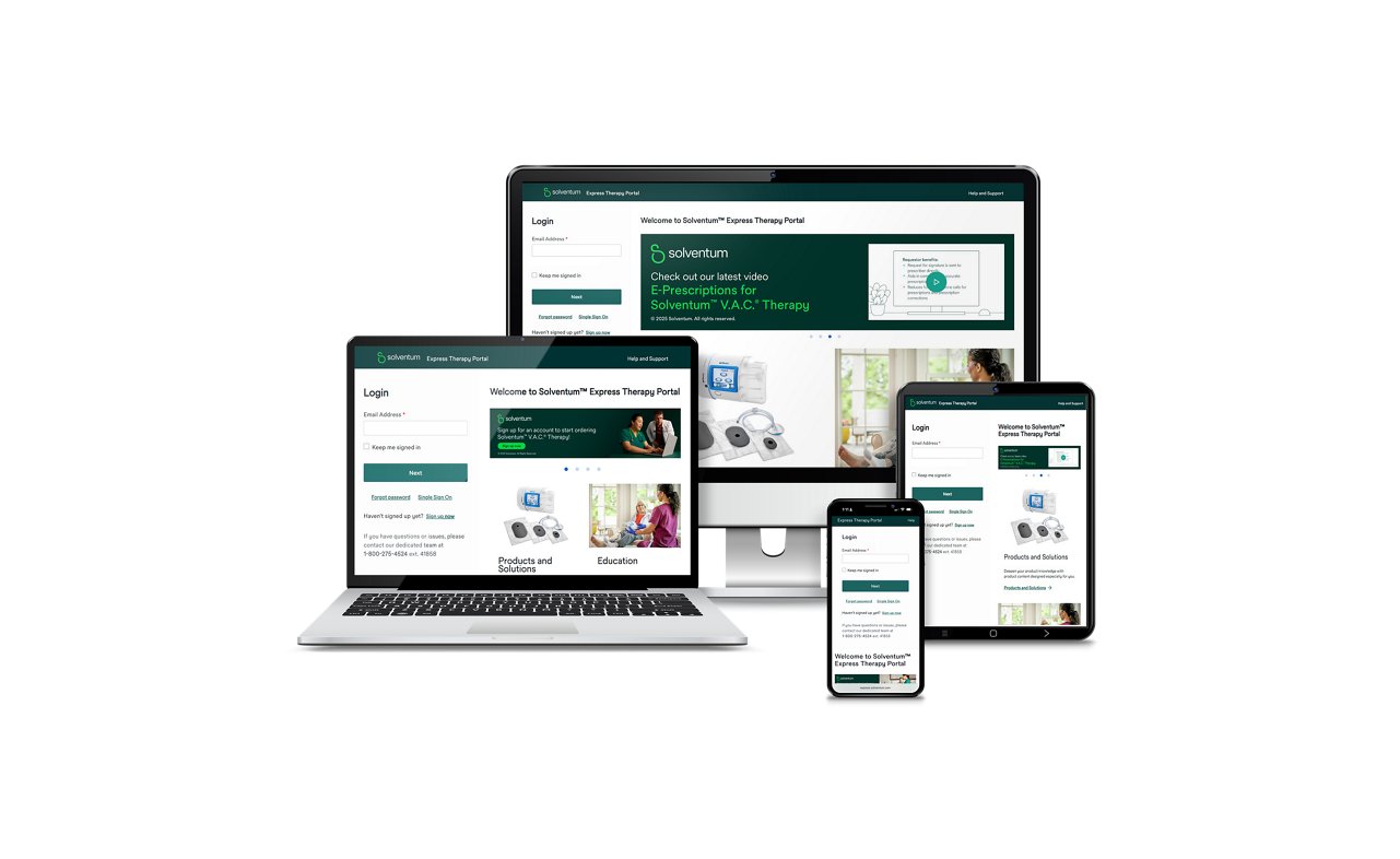 Rendered image of a laptop, computer monitor, tablet, and cell phone with Solventum Express Therapy Portal website on the screens.