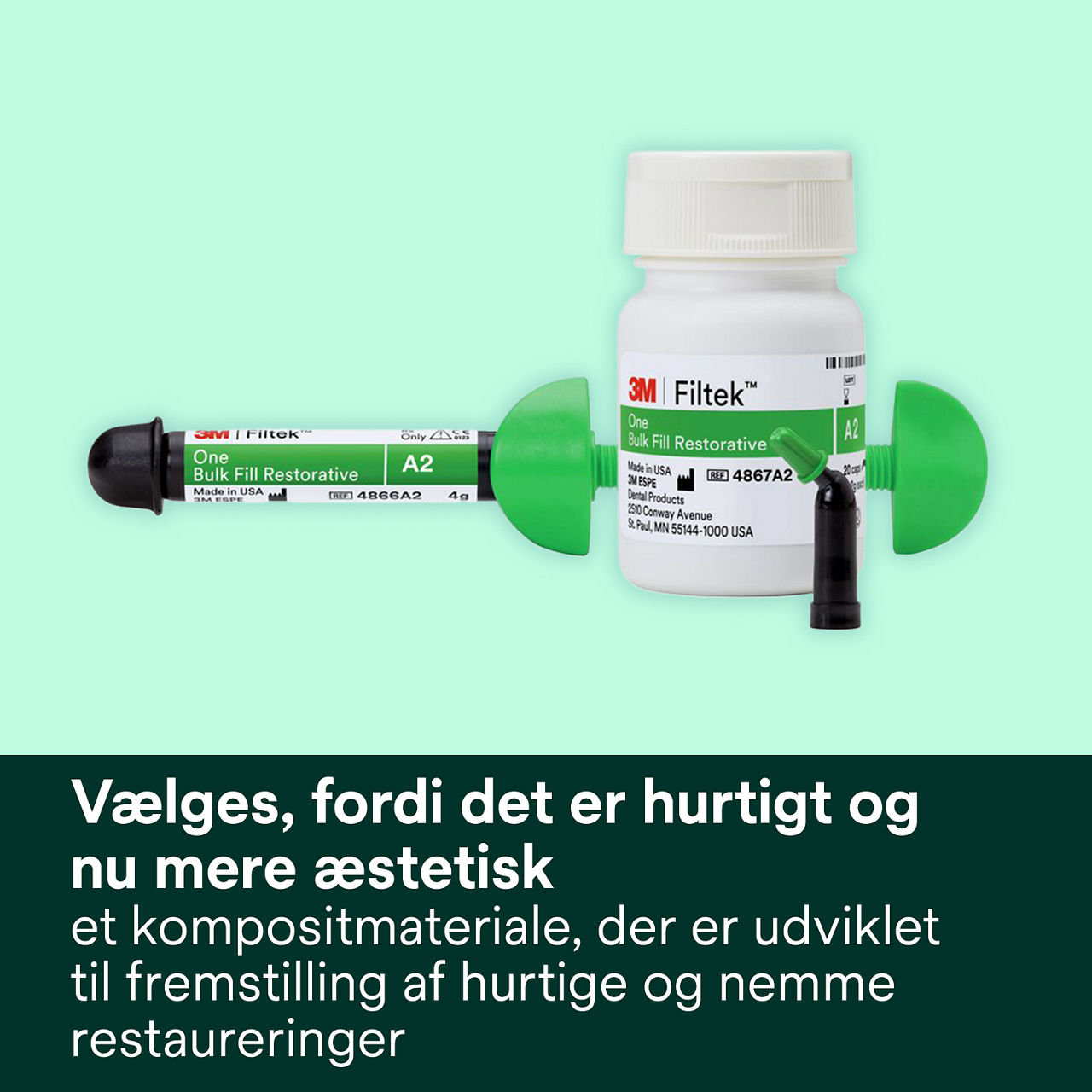 1- Filtek One Bulk Fill: Vælges, fordi det er hurtigt og nu mere æstetisk