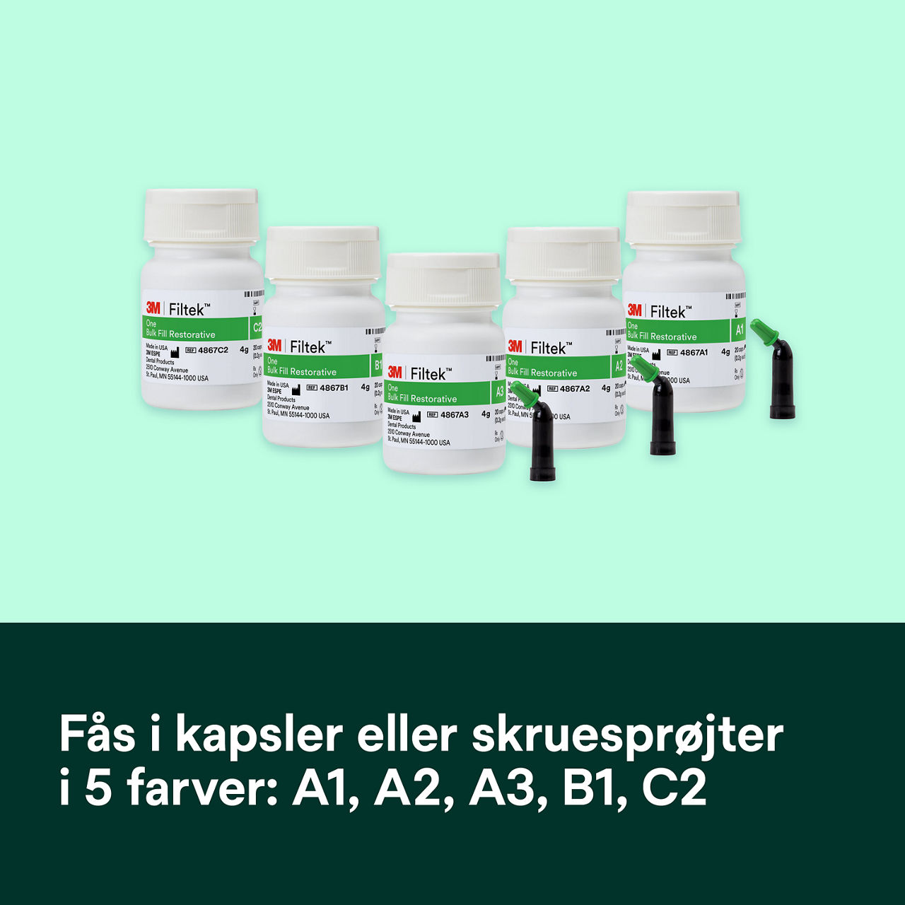 6- Filtek One Bulk Fill: Fås i kapsler eller skruesprøjter i 5 farver: A1, A2, A3, B1, C2