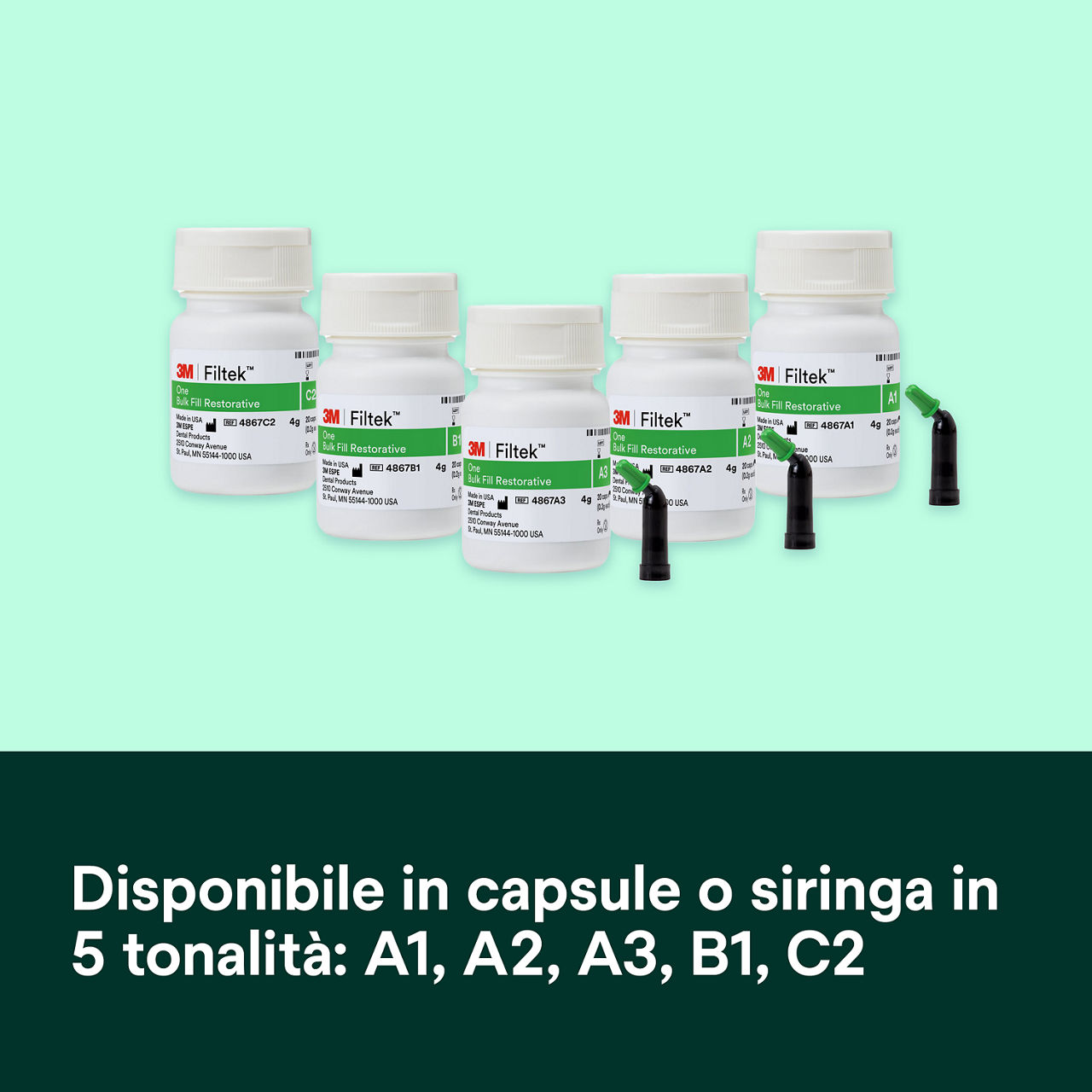 6- Filtek One Bulk Fill: Disponibile in capsule o siringa in 5 tonalità: A1, A2, A3, B1, C2