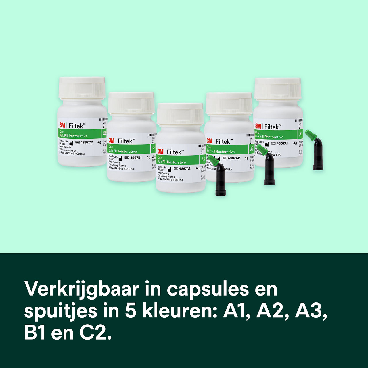6- Filtek One Bulk Fill: Verkrijgbaar in capsules en spuitjes in 5 kleuren: A1, A2, A3, B1 en C2.