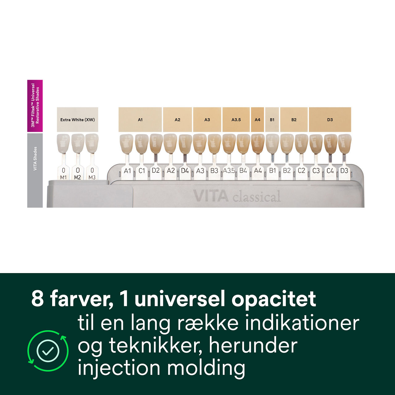 2- Filtek Universal: 8 farver, 1 universel opacitet
