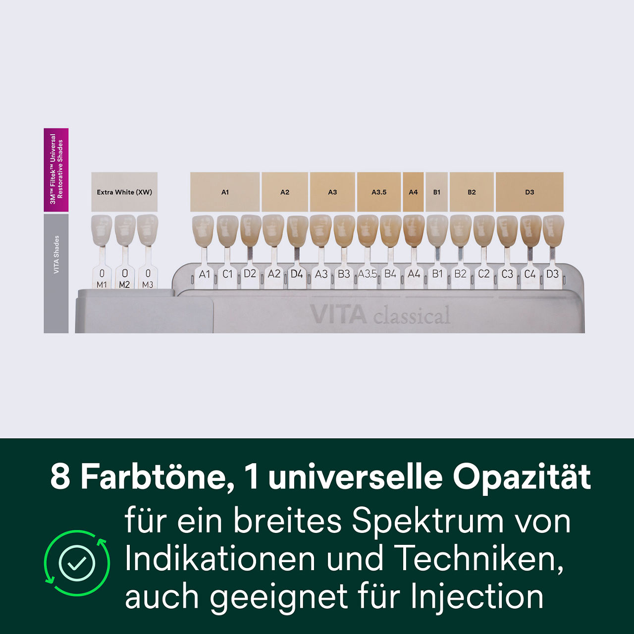 2- Filtek Universal: 8 Farbtöne. 1 universelle Opazität.