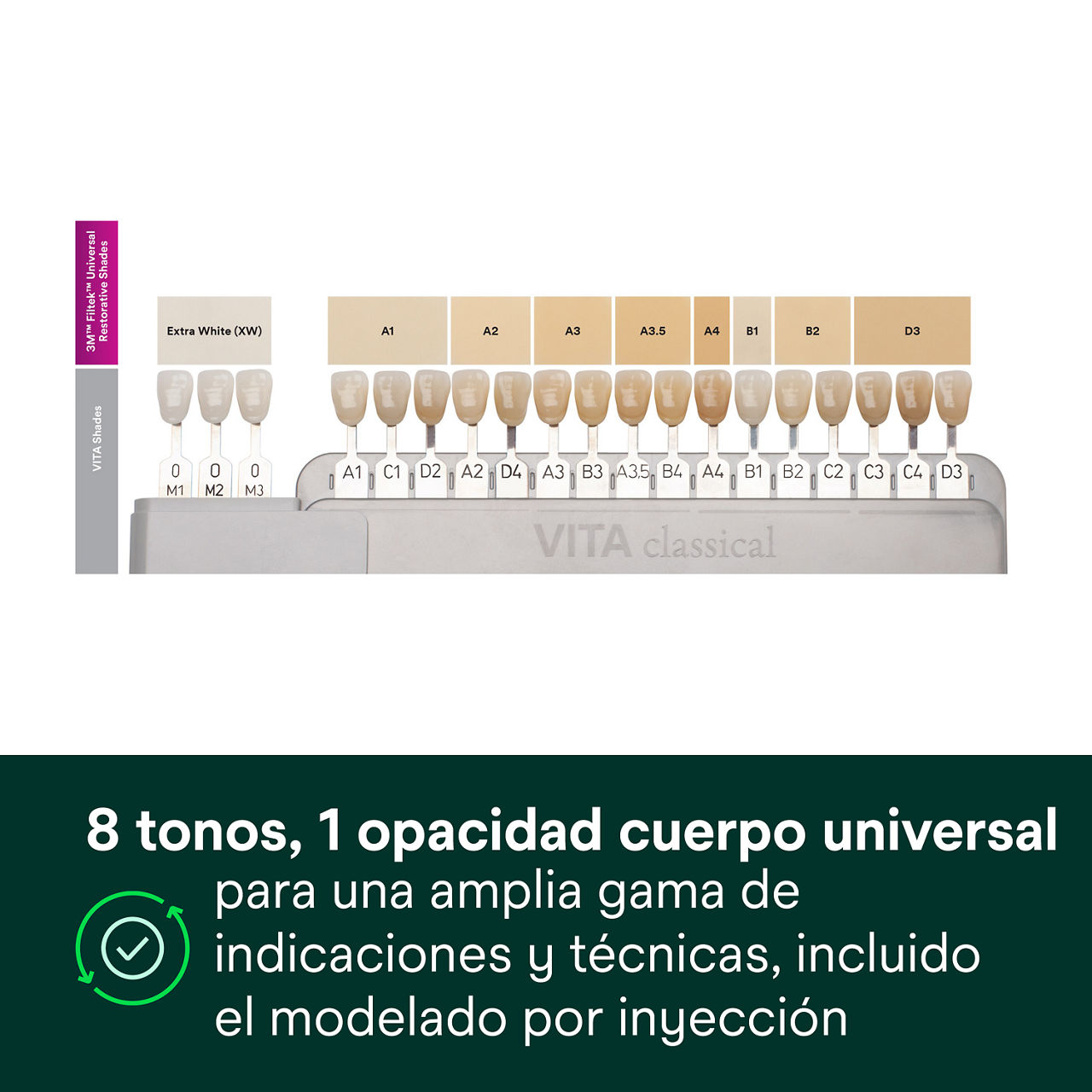 2- Filtek Universal: 8 tonos y 1 opacidad cuerpa universal