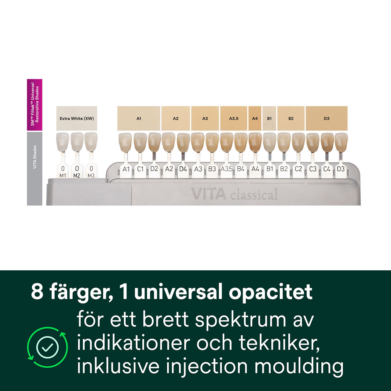 2- Filtek™ Universal: 8 färger, 1 universal opacitet för ett brett spektrum