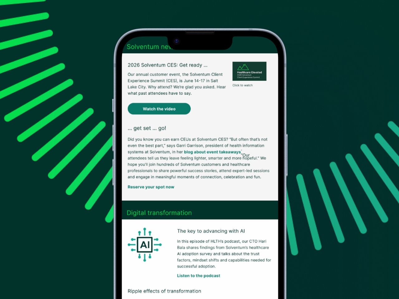 A dark green background with repeating gradient pattern showing a phone device with the Solventum HIS Focus newsletter on it