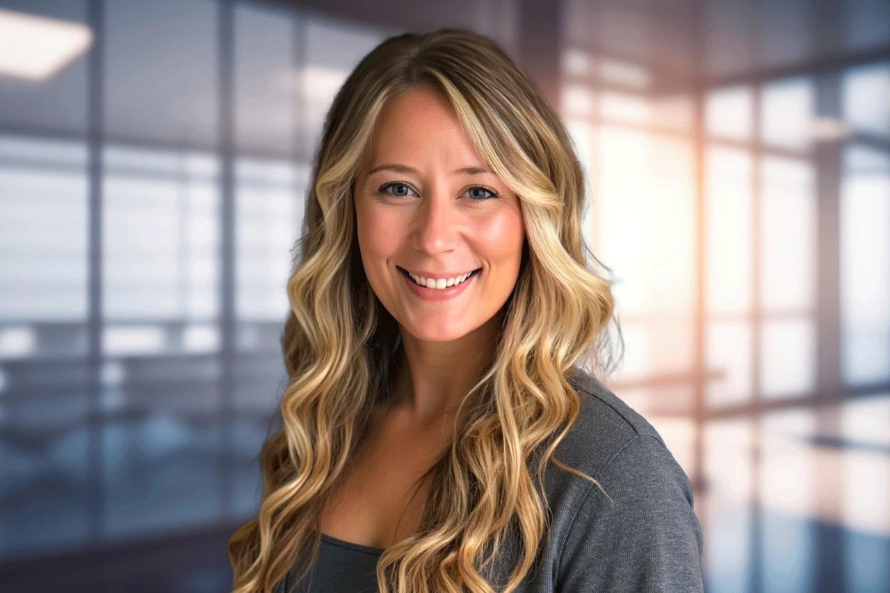 Dana Casey head shot, a woman with blonde, curly hair, smiling in a professional gray top in front of an office background.