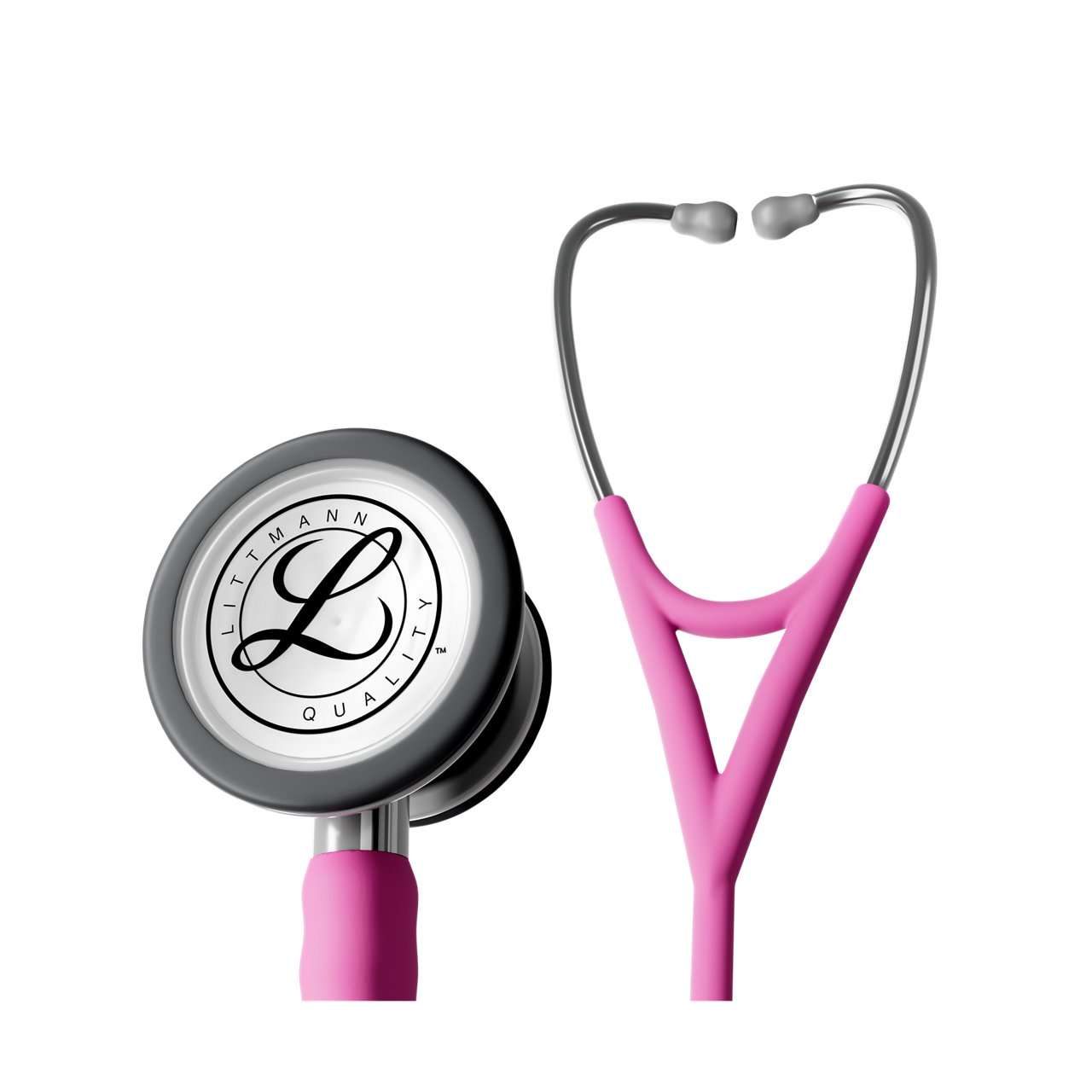 Render produktu przedstawiający głowicę stetoskopu Littmann Cardiology IV w wersji standardowej z różowym przewodem, w użyciu, na przezroczystym tle
