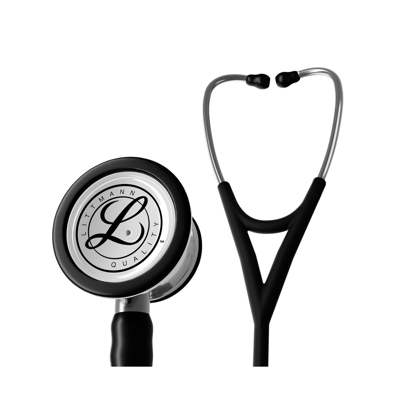 Render produktu w użyciu przedstawiający stetoskop Littmann Cardiology IV z głowicą o lustrzanym wykończeniu oraz czarnym przewodem z trzonem, na przezroczystym tle
