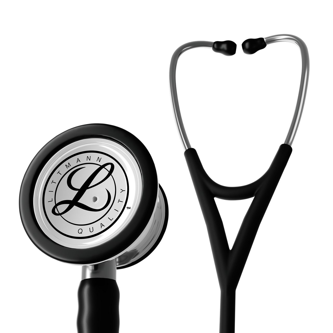 In‑action product rendering of the Littmann Cardiology IV stethoscope with mirror‑finish chestpiece and black tubing with stem, on a transparent background