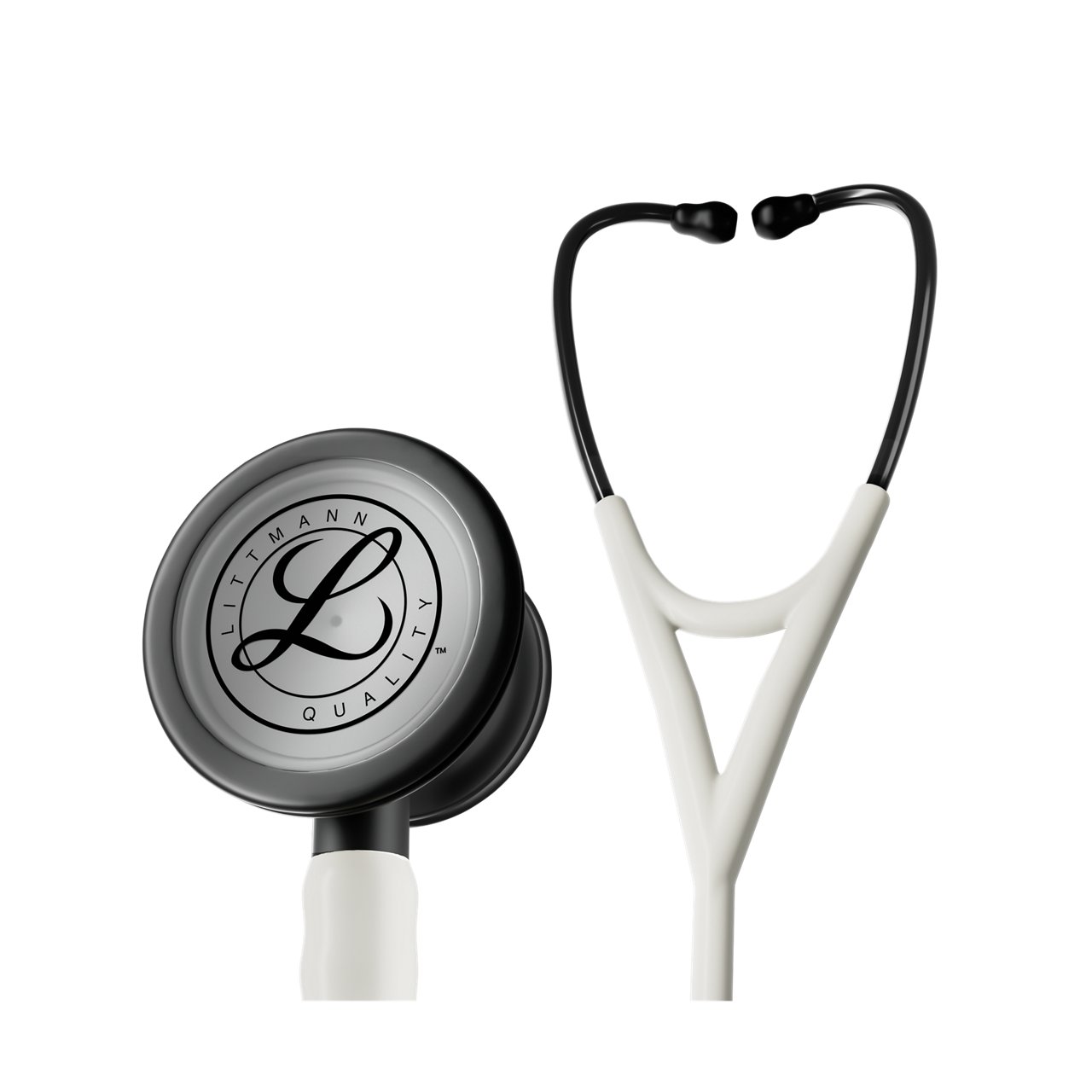 Render produktu w użyciu przedstawiający stetoskop Littmann Cardiology IV z matowoczarną głowicą, satynowym wykończeniem i przewodem, na przezroczystym tle
