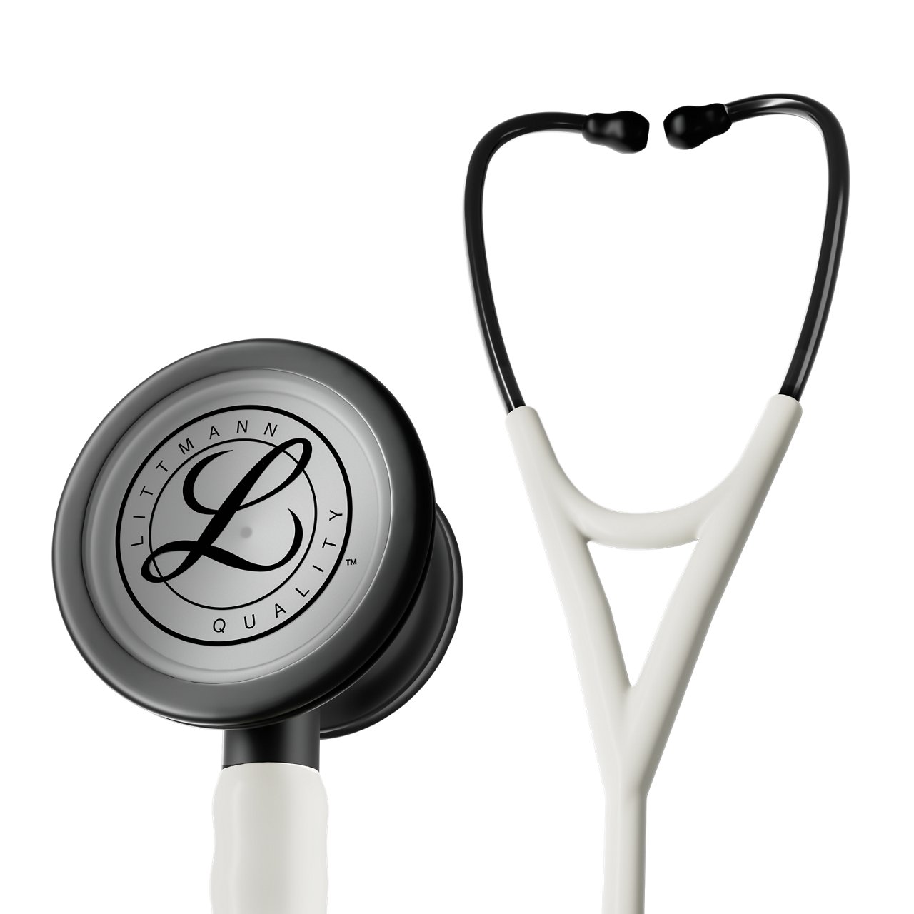In‑action product rendering of the Littmann Cardiology IV stethoscope with matte black chestpiece, satin finish, and tubing, on a transparent background
