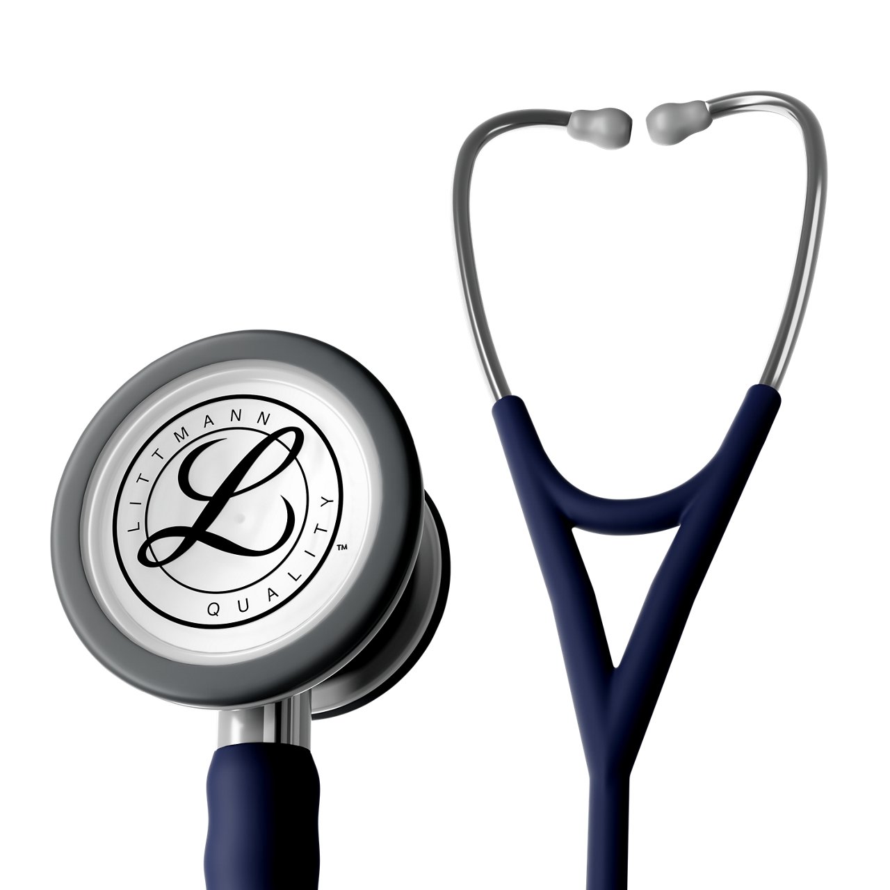 In‑action product rendering of the Littmann Cardiology IV stethoscope with stainless‑steel‑finish chestpiece and midnight blue tubing, on a transparent background