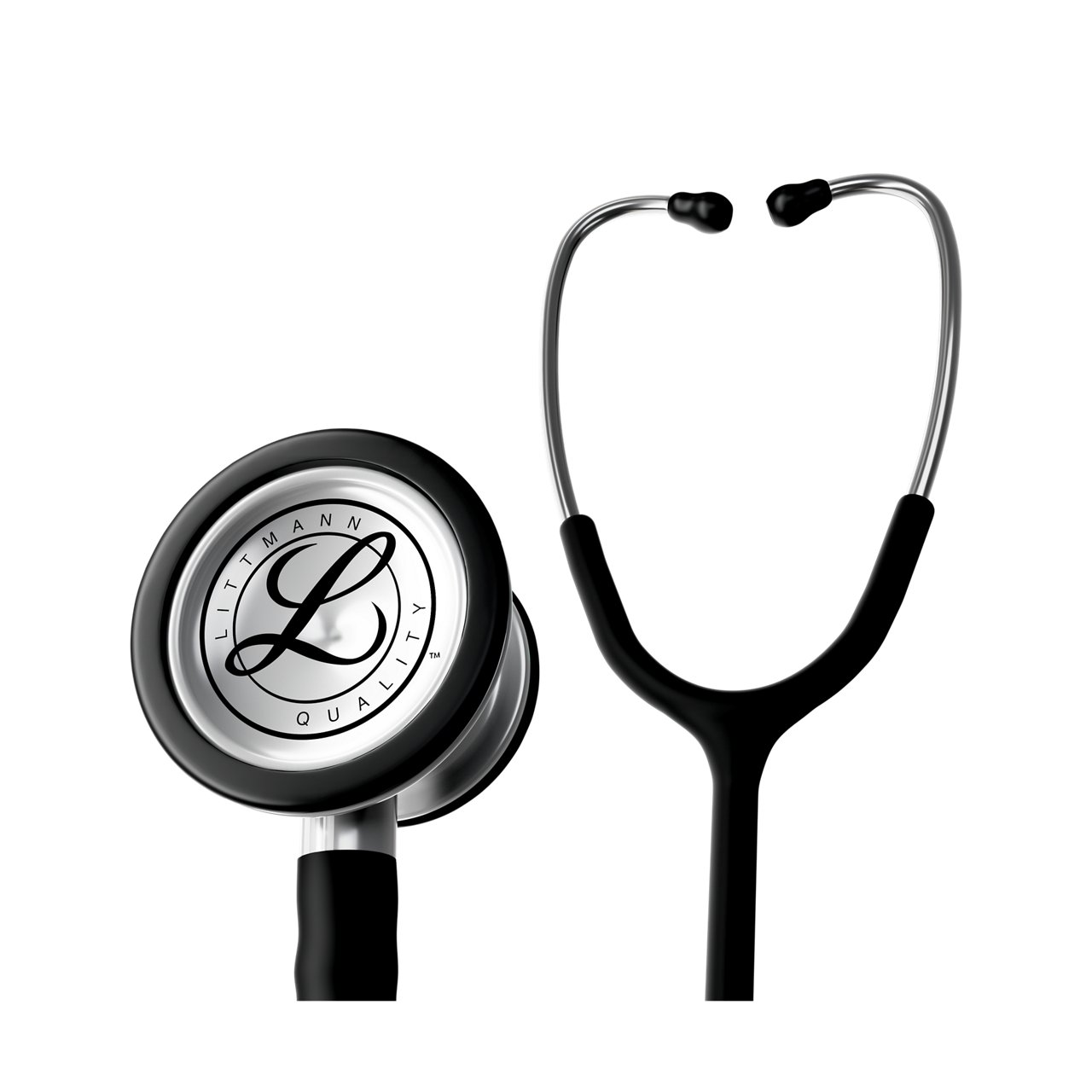 Render produktu w użyciu przedstawiający głowicę stetoskopu Littmann Classic III w wersji standardowej z czarnym przewodem, na przezroczystym tle