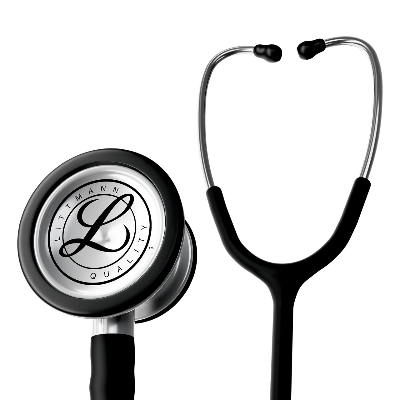 In‑action product rendering of the Littmann Classic III stethoscope chestpiece in the standard version with black tubing, on a transparent background