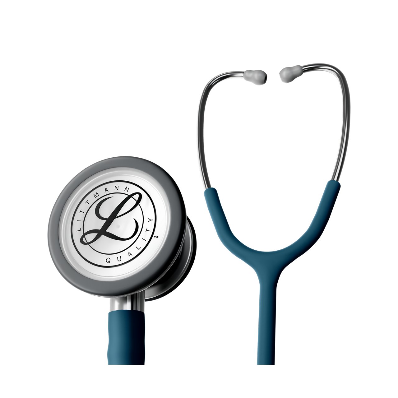 Render produktu w użyciu przedstawiający głowicę Littmann Classic III w standardowym wykończeniu z przewodem w kolorze karaibskiego błękitu, na przezroczystym tle
