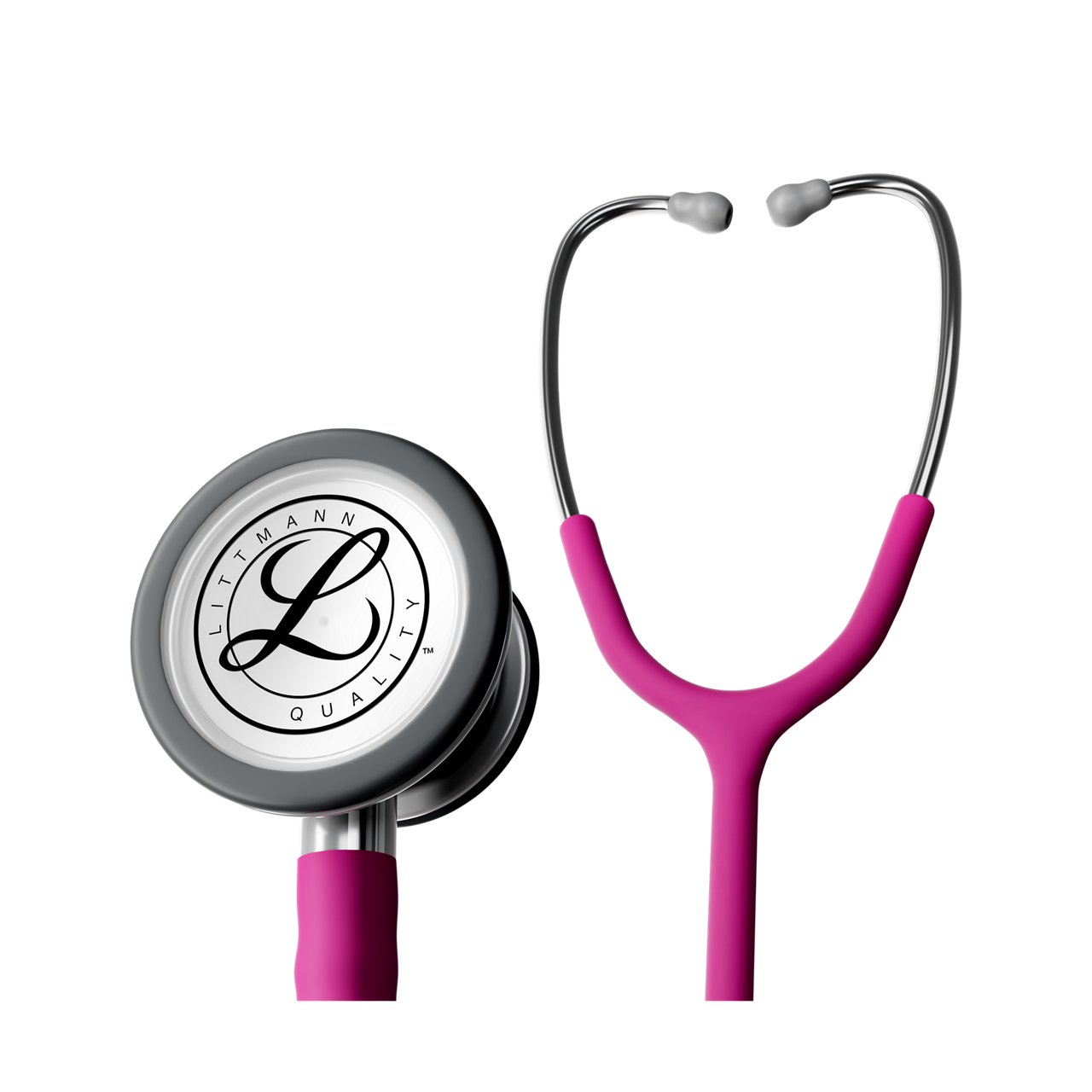 Render produktu w użyciu przedstawiający stetoskop monitorujący Littmann Classic III z obrobioną maszynowo głowicą ze stali nierdzewnej i malinowym przewodem, na przezroczystym tle
