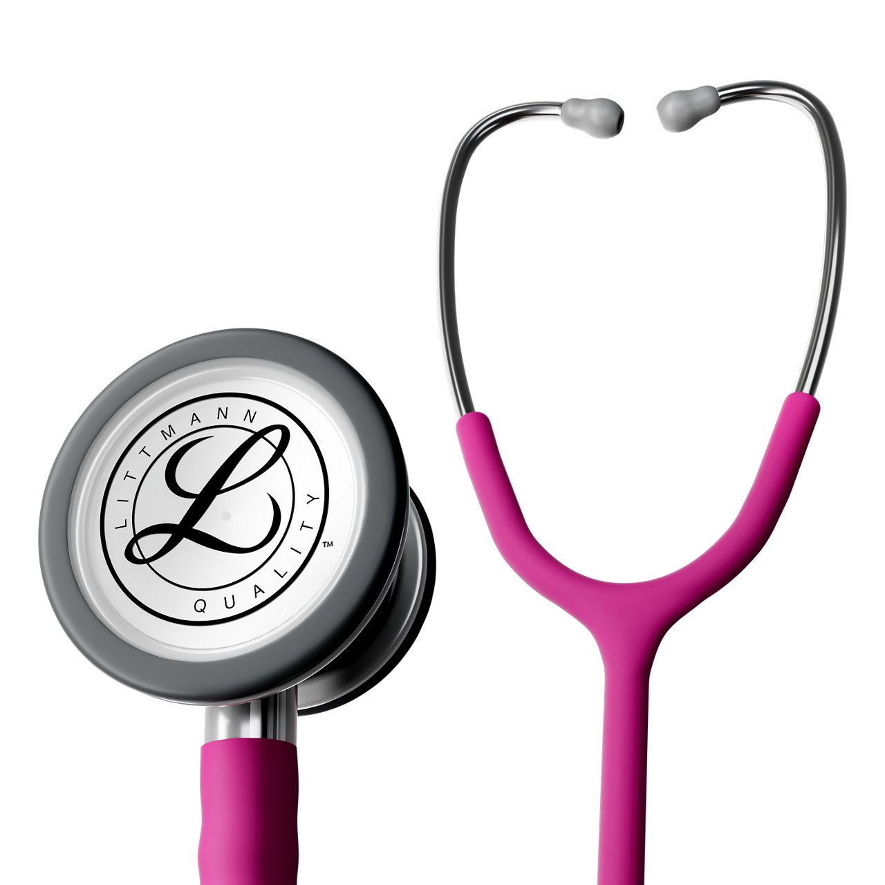In‑action product rendering of the Littmann Classic III monitoring stethoscope with machined stainless‑steel chestpiece and raspberry tubing, on a transparent background