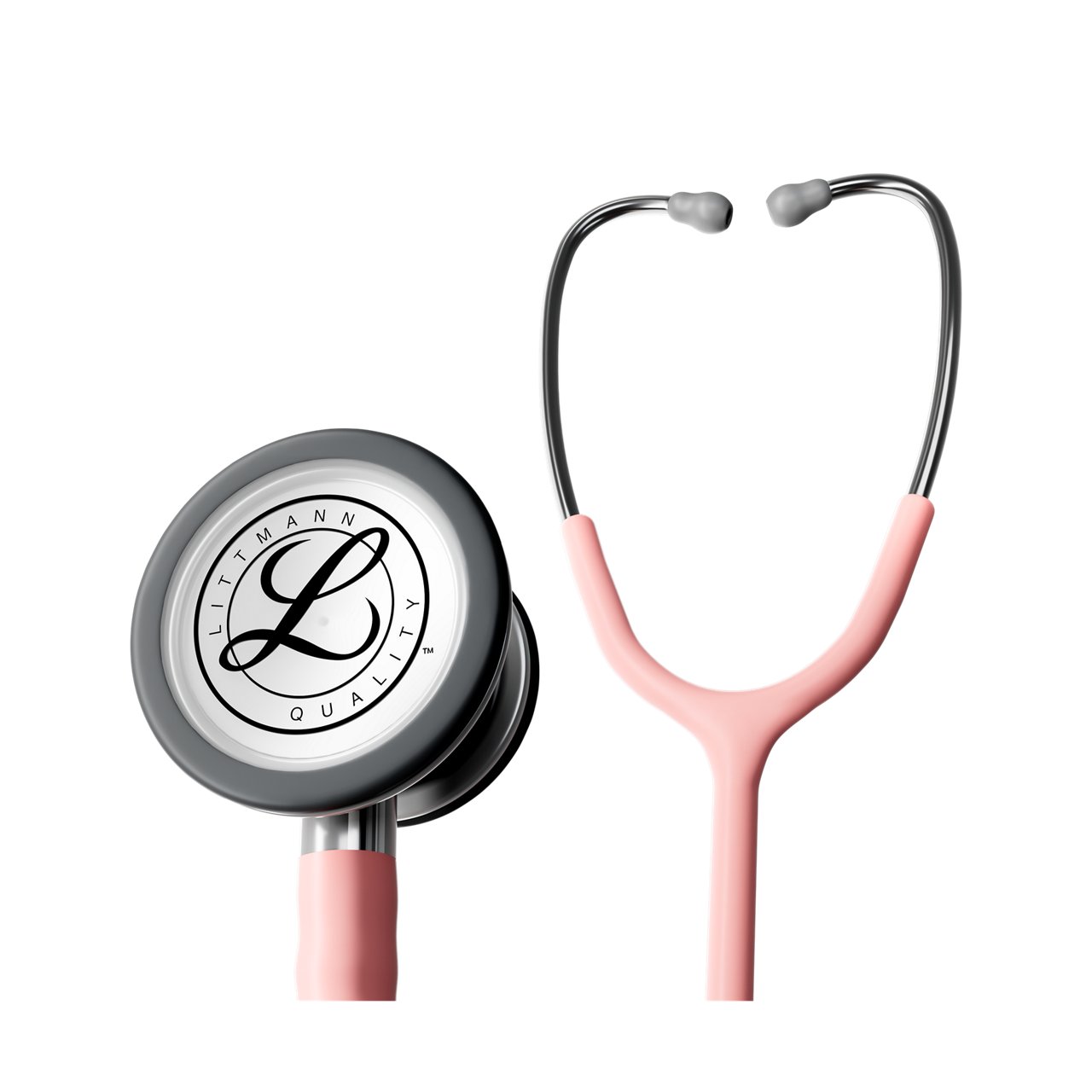 Render produktu w użyciu przedstawiający stetoskop Littmann Classic III z głowicą w wykończeniu ze stali nierdzewnej i przewodem w kolorze szampańskiego różu, na przezroczystym tle

