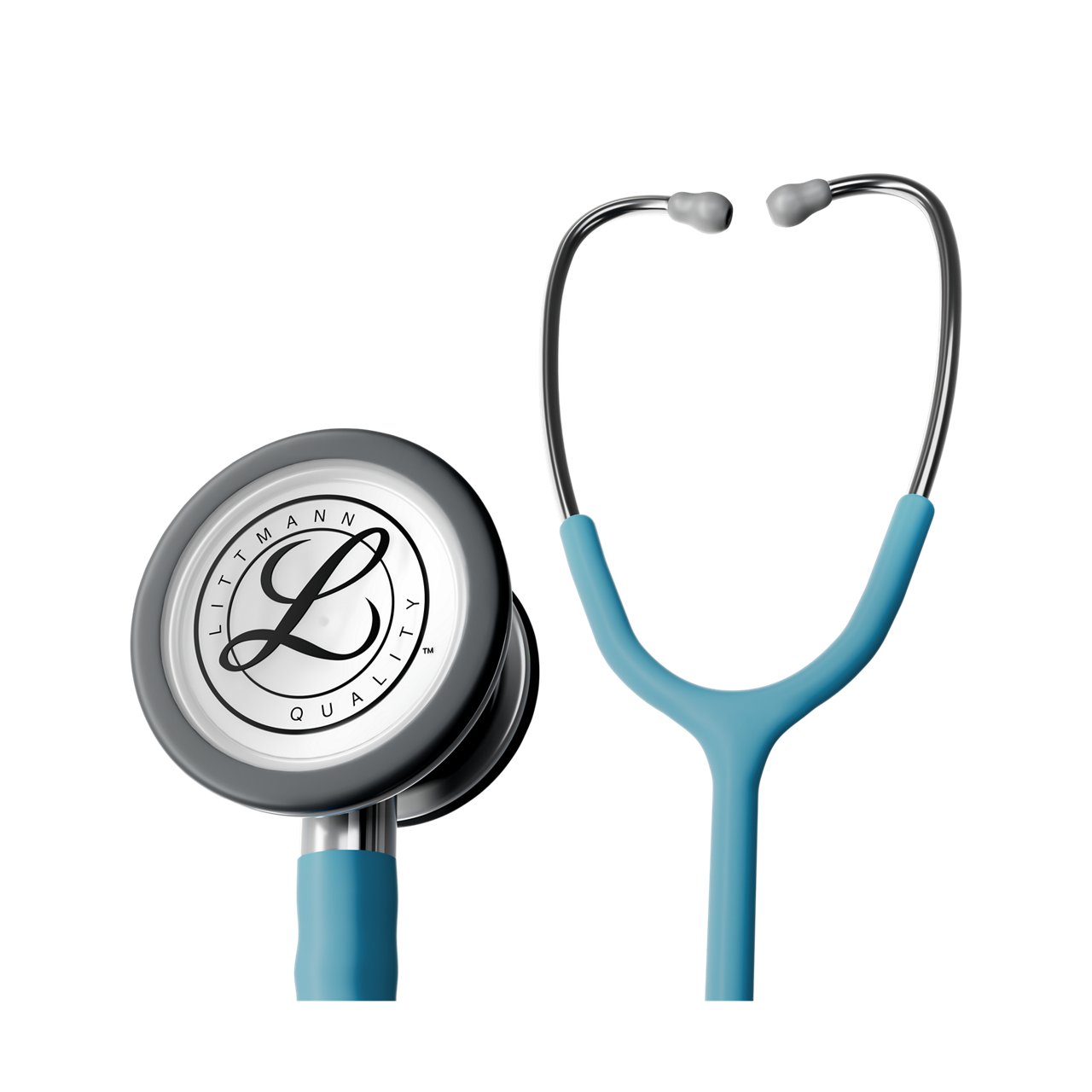 Render produktu w użyciu przedstawiający stetoskop Littmann Classic III z wykończeniem ze stali nierdzewnej i granatowym przewodem, na przezroczystym tle
