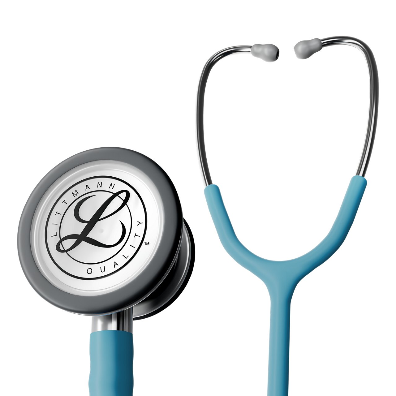 In‑action product rendering of the Littmann Classic III stethoscope with stainless‑steel finish and navy blue tubing, on a transparent background