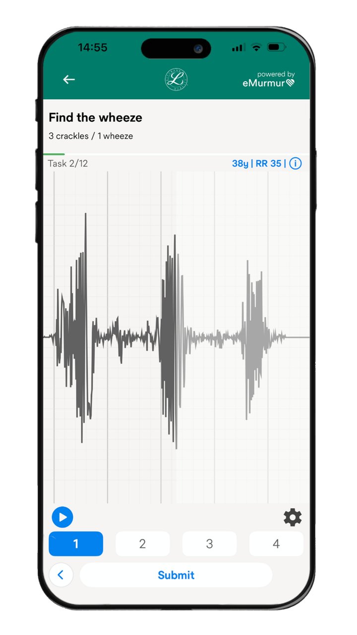 Mobile app screen showing a lung sound recognition task Find the wheeze with 3 crackles and 1 wheeze for a patient aged 38; RR 35. User selects from numbered sound options to submit answer.