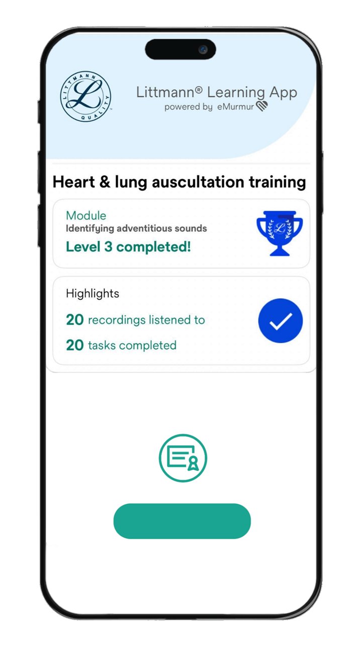 Mobile app screen showing a Littmann Learning App module completion for identifying adventitious sounds; Level 3 completed with 20 recordings listened to and 20 tasks finished.