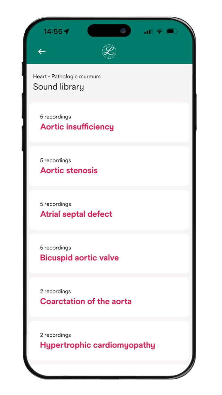Mobile app screen showing a heart sound library listing pathologic murmurs: aortic insufficiency; aortic stenosis; atrial septal defect; bicuspid aortic valve; coarctation of the aorta.