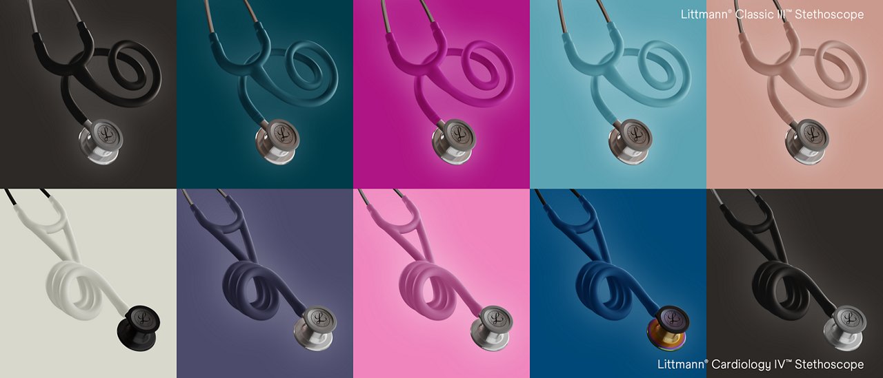 Grafika mapy Amazon przedstawiająca stetoskopy Littmann w satynowym wykończeniu, dostępne we wszystkich kolorach. Tekst w prawym górnym rogu brzmi „Littmann Classic III Stethoscope”, a tekst w prawym dolnym rogu brzmi „Littmann Cardiology IV Stethoscope”.
