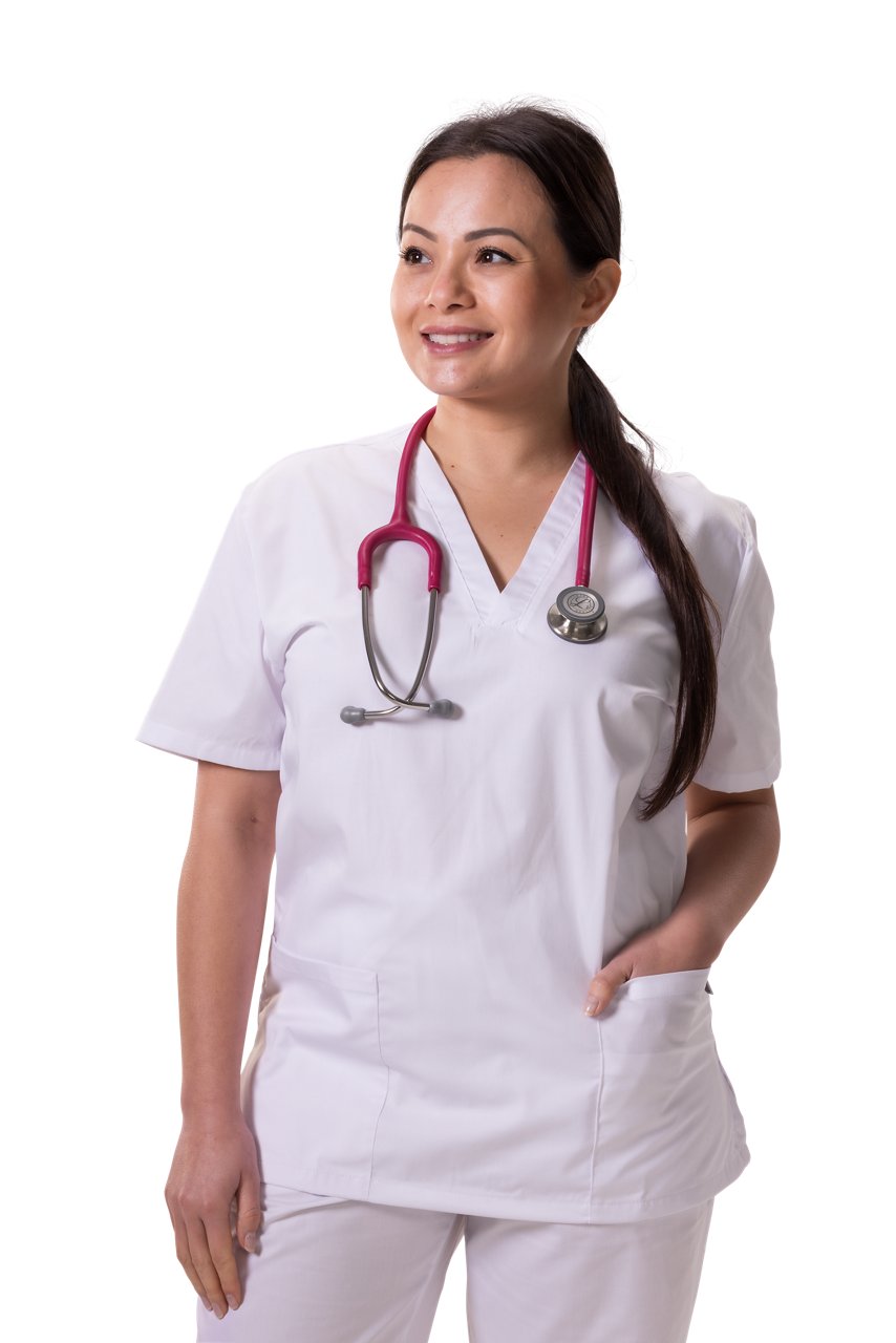 Female model wearing scrubs and Littmann Classic III Stethoscope in Raspberry satin finish around her neck. She is looking off camera with a smile and her hand is in her pocket.