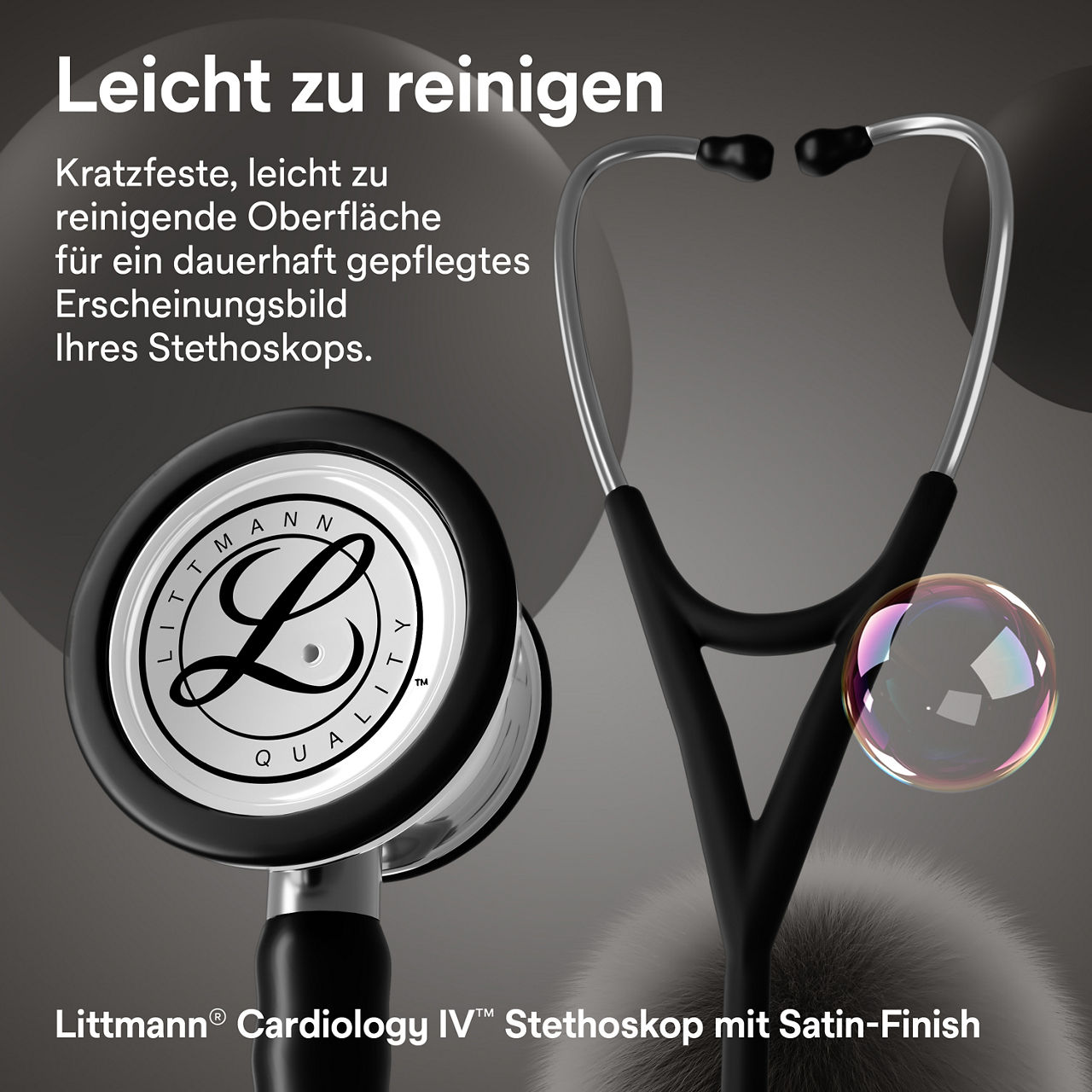 Littmann Cardiology Stethoskop in Schwarz mit Satin-Finish, Bruststück und Ohrbügeln