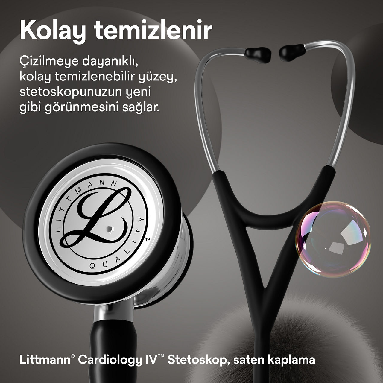 Littmann Cardiology Satin Finish siyah göğüs parçası ve kulaklıklı stetoskop