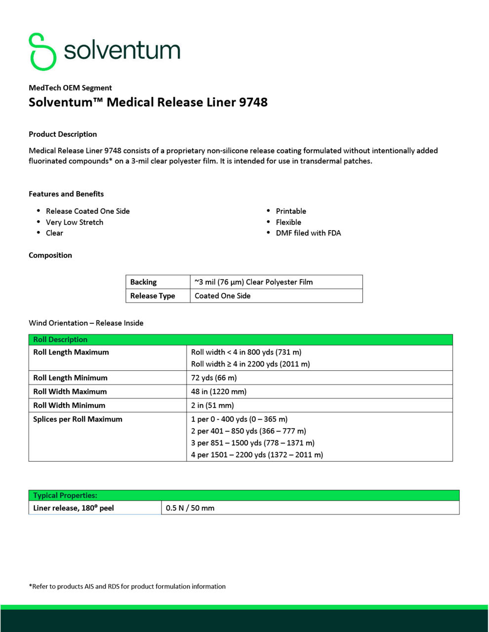 Medical Tape Release Liner 9748 Technical Summary Sheet