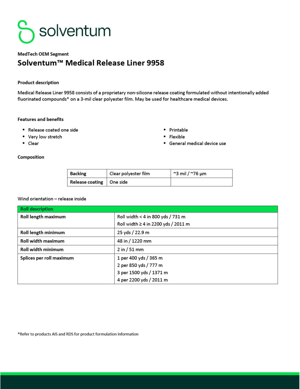 Medical Tape Release Liner 9958 Technical Summary Sheet