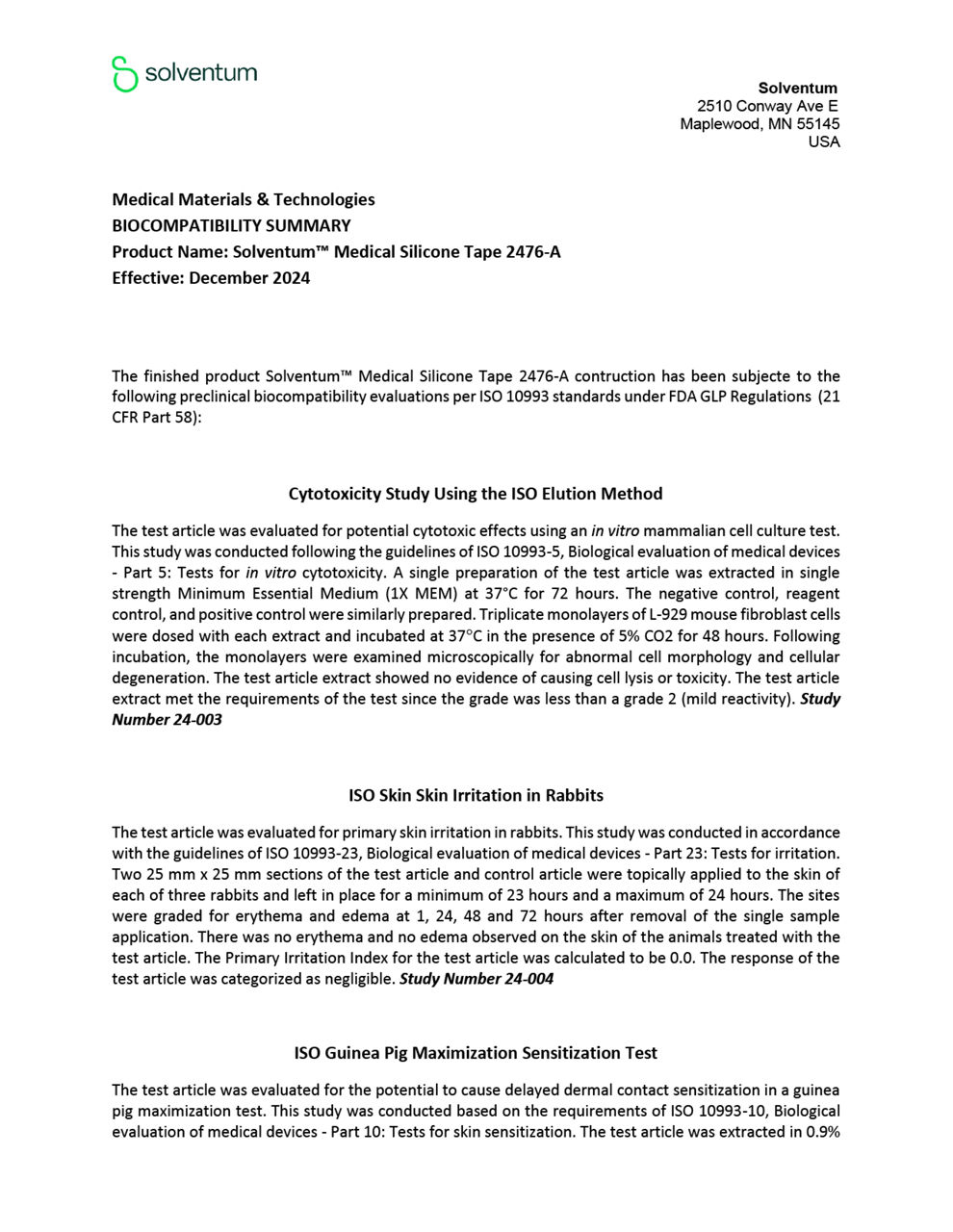 Solventum™ Medical Silicone Tape 2476-A, Biocompatibility Summary