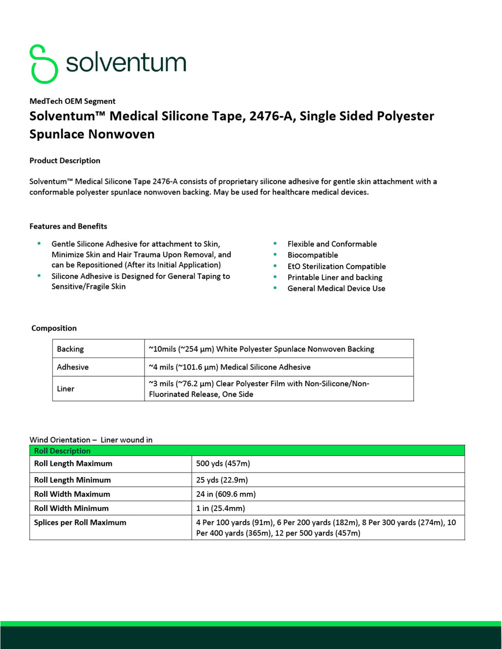 Solventum™ Medical Silicone Tape 2476-A, Technical Information Sheet