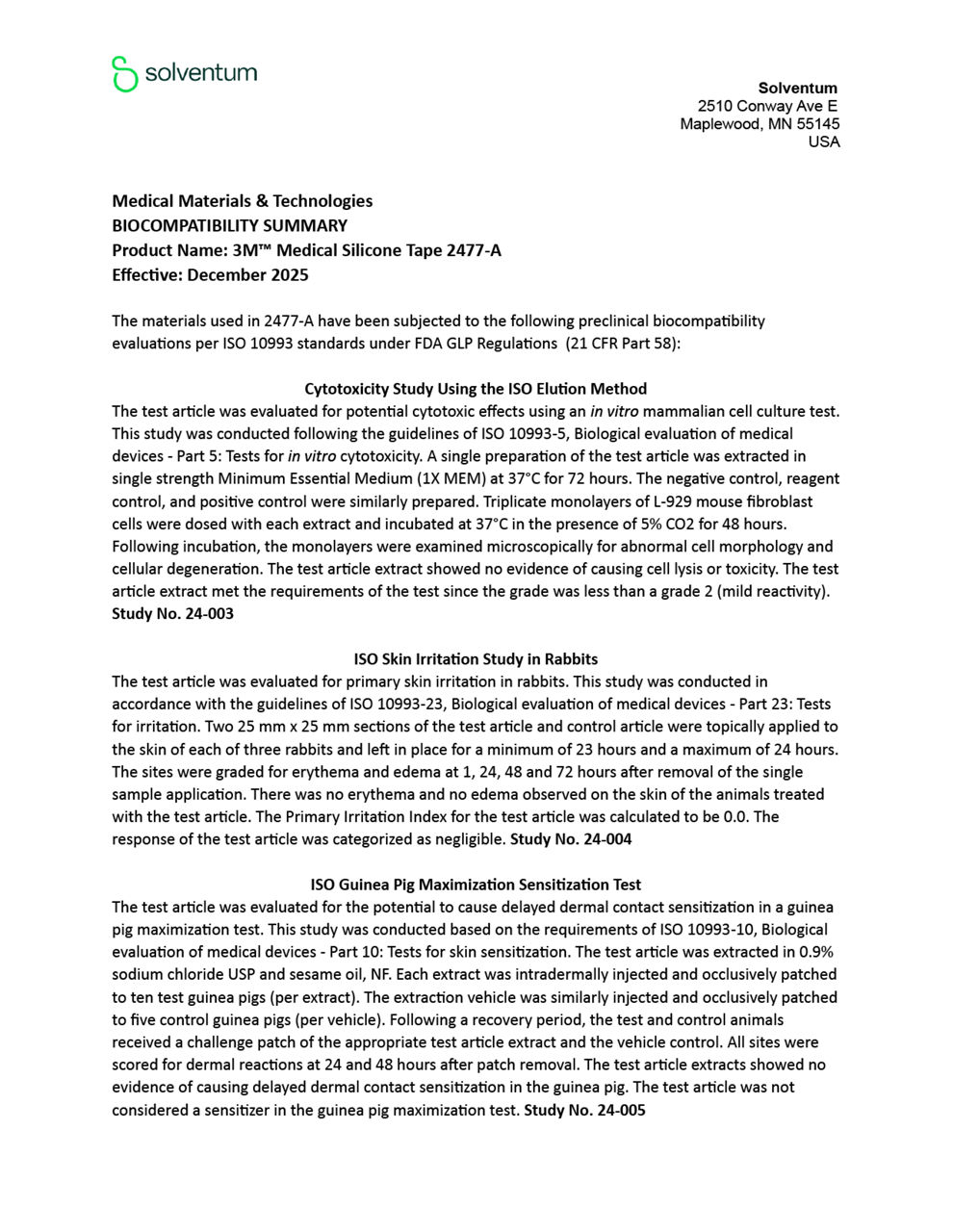 Medical Silicone Tape 2477 Biocompatibility Summary