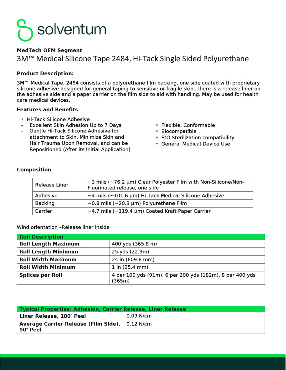 3M™ Medical Silicone Tape 2484, Technical Information Sheet