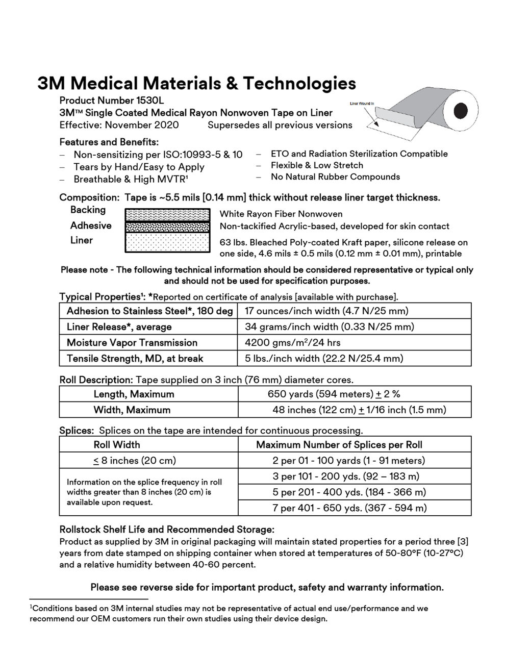 3M™ Medical Tape 1530L, Technical Information Sheet